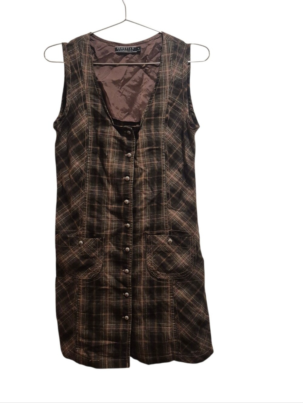 Peruvian Connection Wool Blend 90's Brown Plaid Tank Dress Y2K Size Medium
